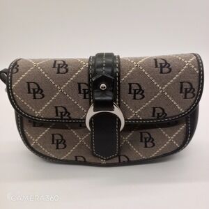 Dooney & Bourke DB Monogram Brown Tan Black Leather Trim Clutch Bag